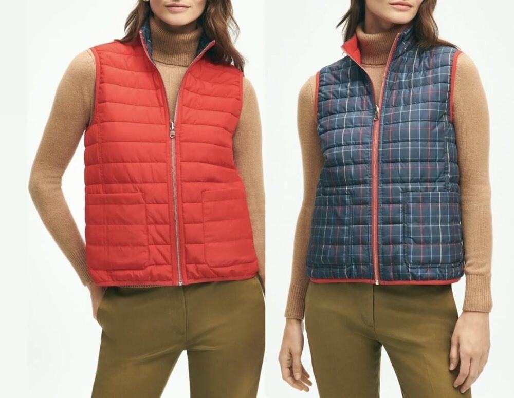Brooks Brothers Quilted Vest Womens Small Red Navy Plaid Puffer Reversible